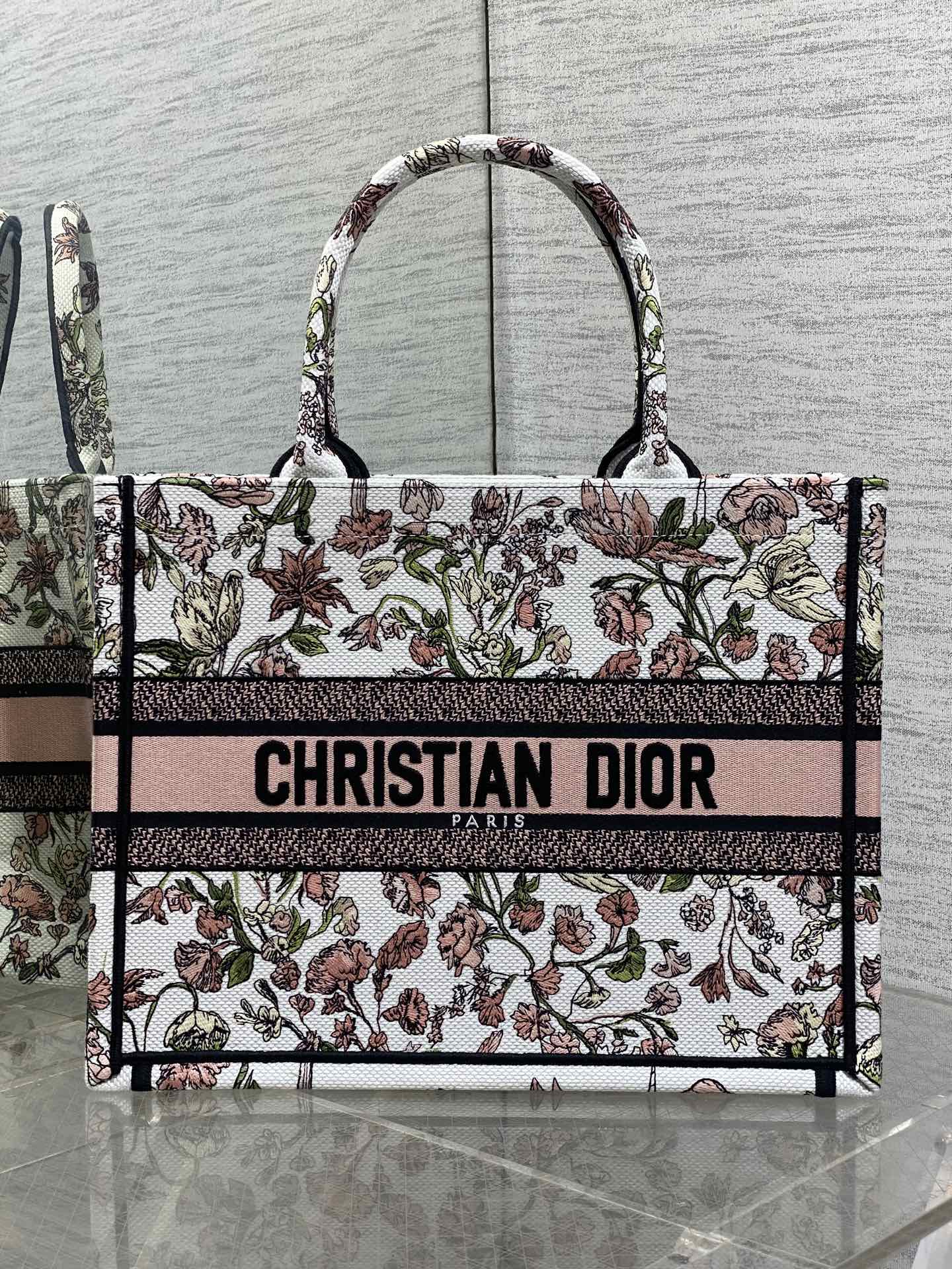 Dior 原單Book Tote中號托特包 粉色花卉圖騰 女士優雅手提包