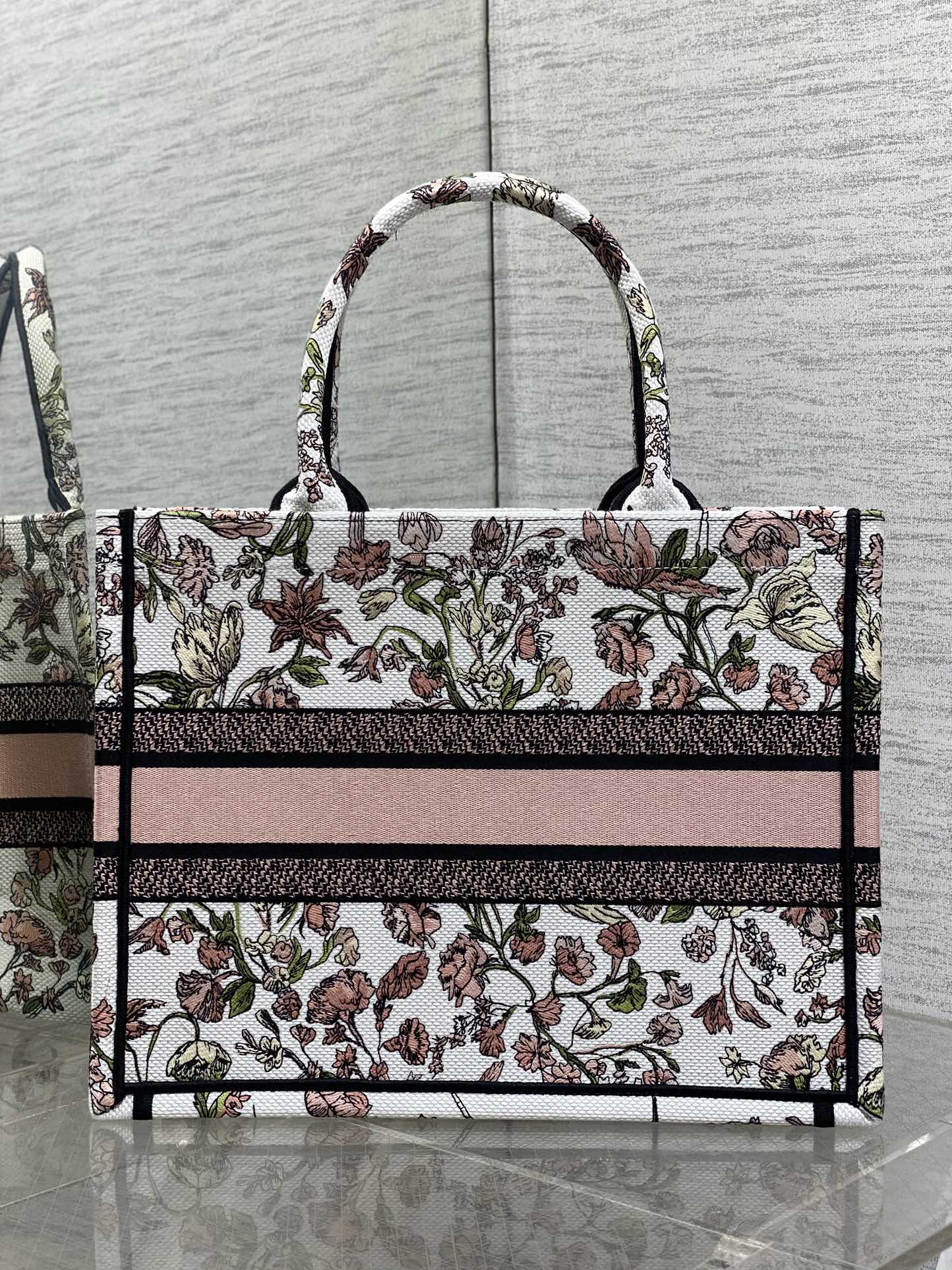 Dior 原單Book Tote中號托特包 粉色花卉圖騰 女士優雅手提包