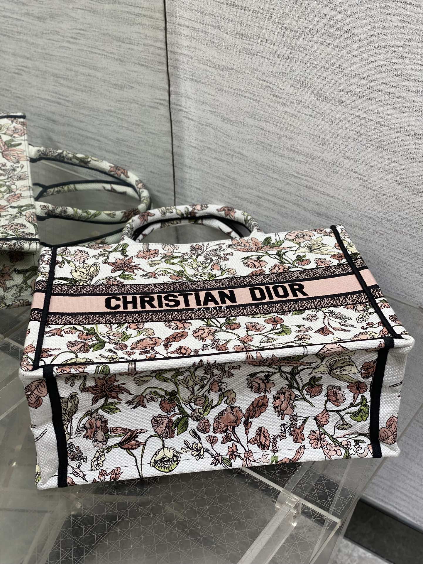 Dior 原單Book Tote中號托特包 粉色花卉圖騰 女士優雅手提包