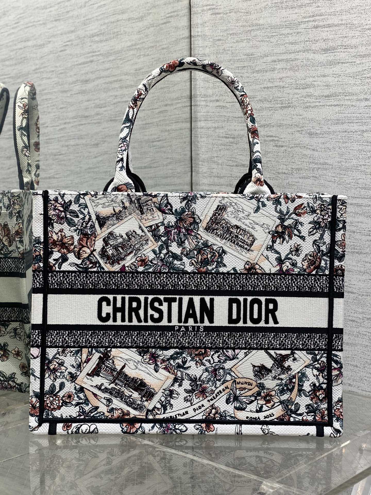 Dior 高仿Book Tote中號旅遊風格托特包 城市明信片刺繡設計