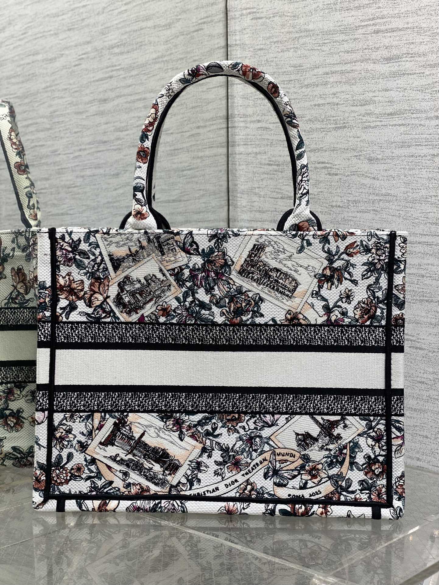 Dior 高仿Book Tote中號旅遊風格托特包 城市明信片刺繡設計