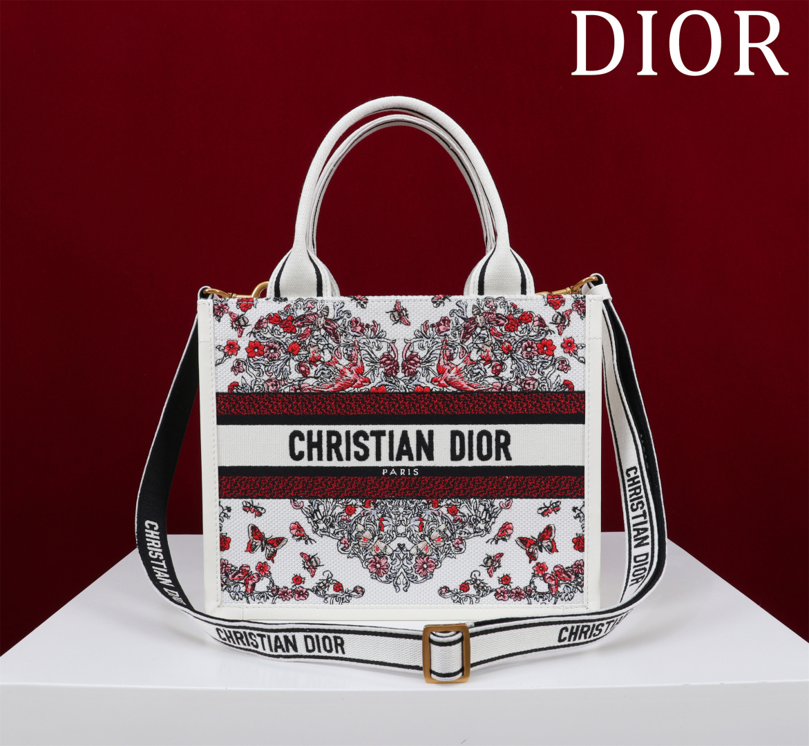 A貨Dior Book Tote 花卉刺繡迷你托特包 紅黑拼色