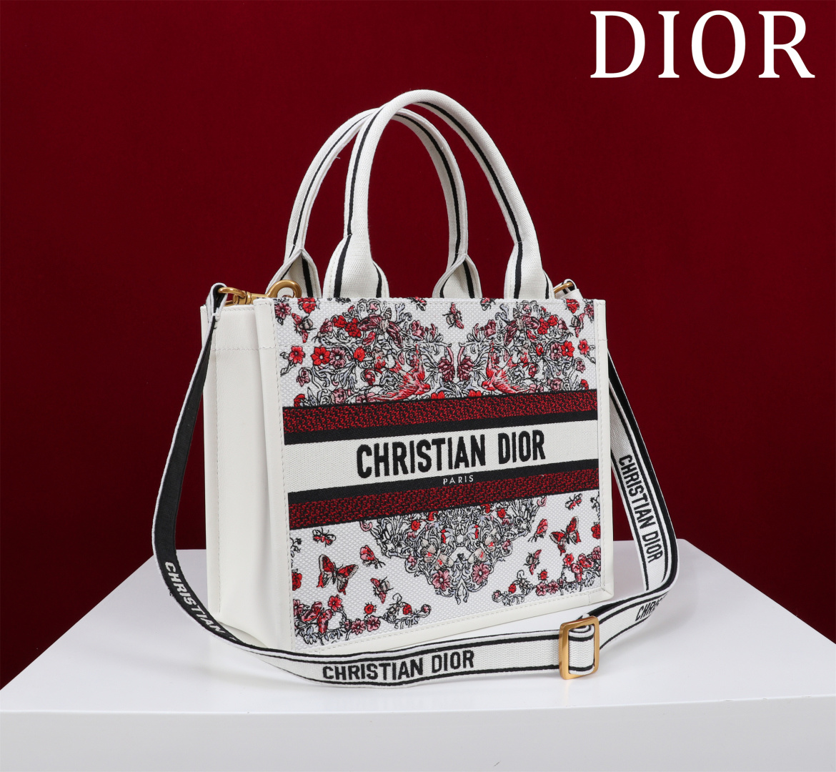 A貨Dior Book Tote 花卉刺繡迷你托特包 紅黑拼色