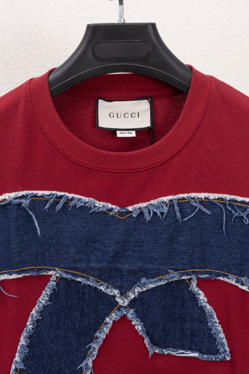 Gucci 一比一紅色短袖T恤 牛仔拼接GG Logo立體設計| 13 Gucci 一比一紅色短袖T恤 牛仔拼接GG Logo立體設計