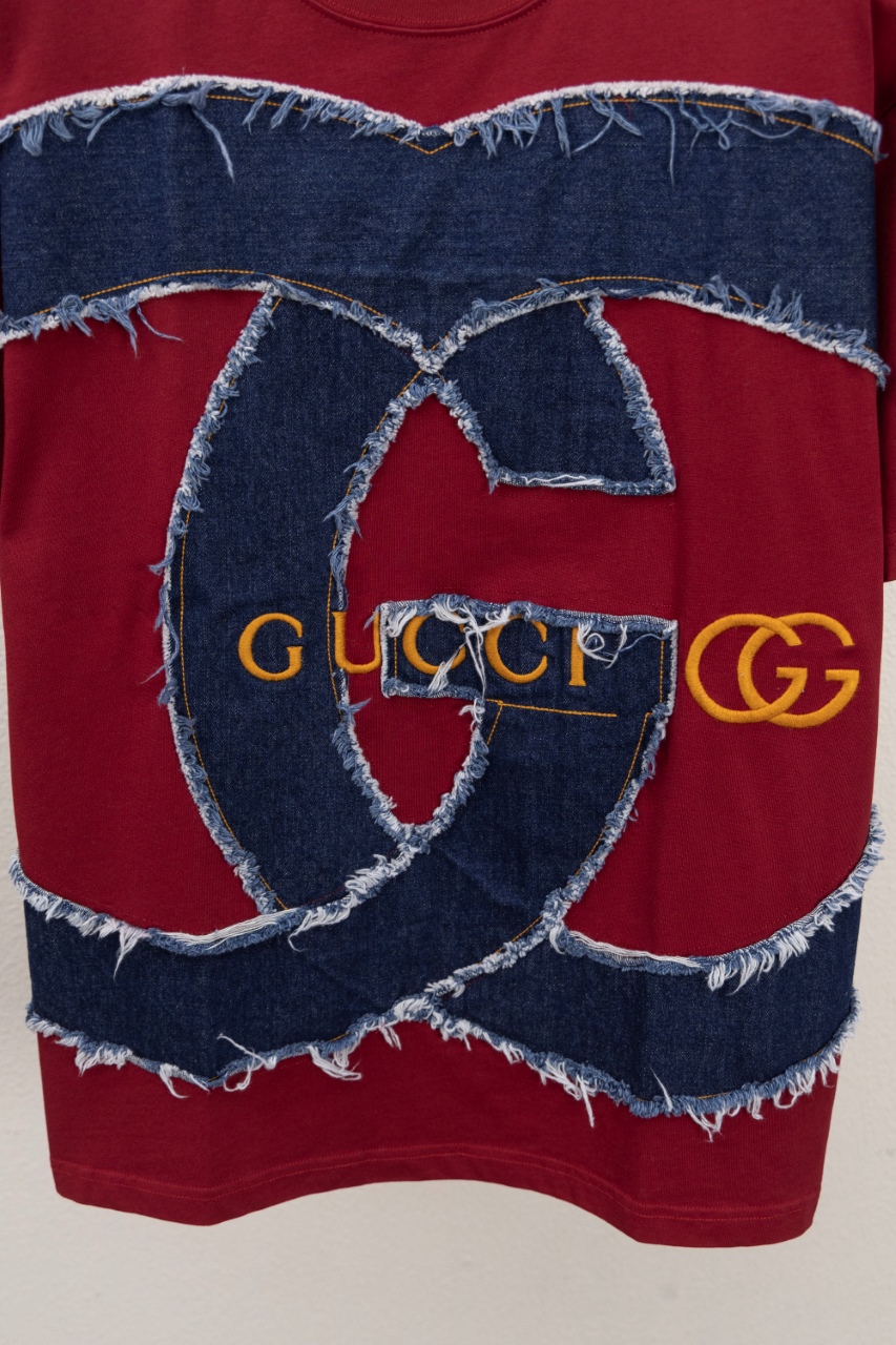 Gucci 一比一紅色短袖T恤 牛仔拼接GG Logo立體設計| 10 Gucci 一比一紅色短袖T恤 牛仔拼接GG Logo立體設計