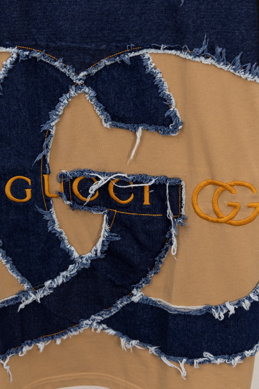 Gucci 原單卡其色GG Logo拼接短袖T恤 牛仔質感設計款| 9 Gucci 原單卡其色GG Logo拼接短袖T恤 牛仔質感設計款