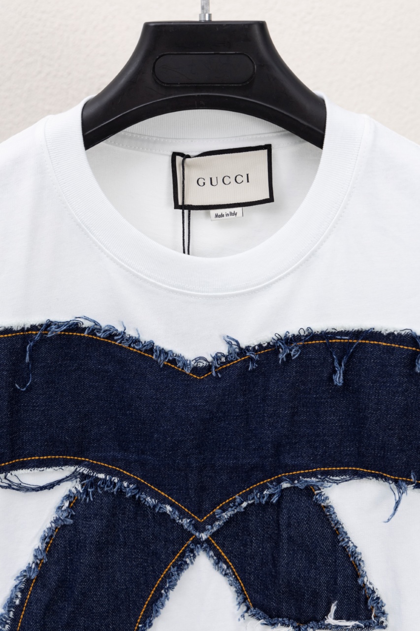 Gucci 高仿短袖T恤 男款白色GG牛仔拼接 潮流質感款| 13 Gucci 高仿短袖T恤 男款白色GG牛仔拼接 潮流質感款