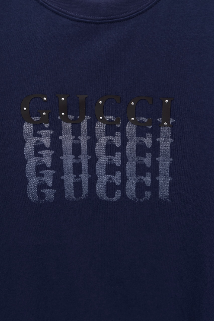 Gucci一比一男T 深藍漸層刺繡字體設計潮流短袖| 9 Gucci一比一男T 深藍漸層刺繡字體設計潮流短袖