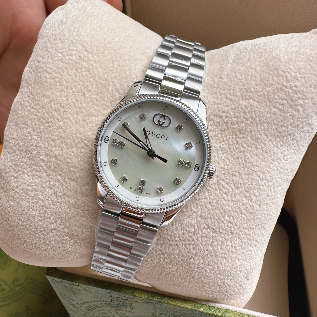 Gucci高仿女錶Timeless系列鋼帶款氣質珍珠白面腕錶