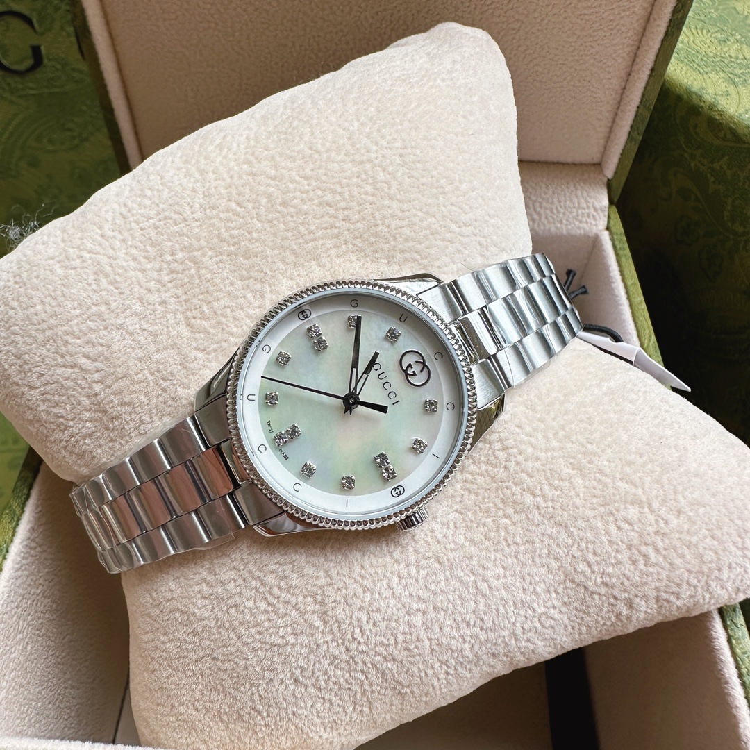 Gucci高仿女錶Timeless系列鋼帶款氣質珍珠白面腕錶