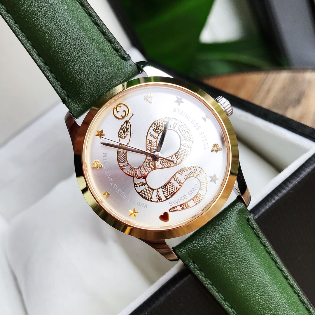 Gucci一比一Timeless系列皮帶手錶 雙色設計蛇圖案時尚款