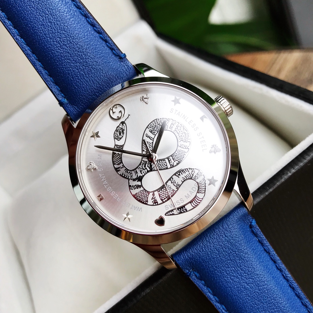 Gucci一比一Timeless系列皮帶手錶 雙色設計蛇圖案時尚款