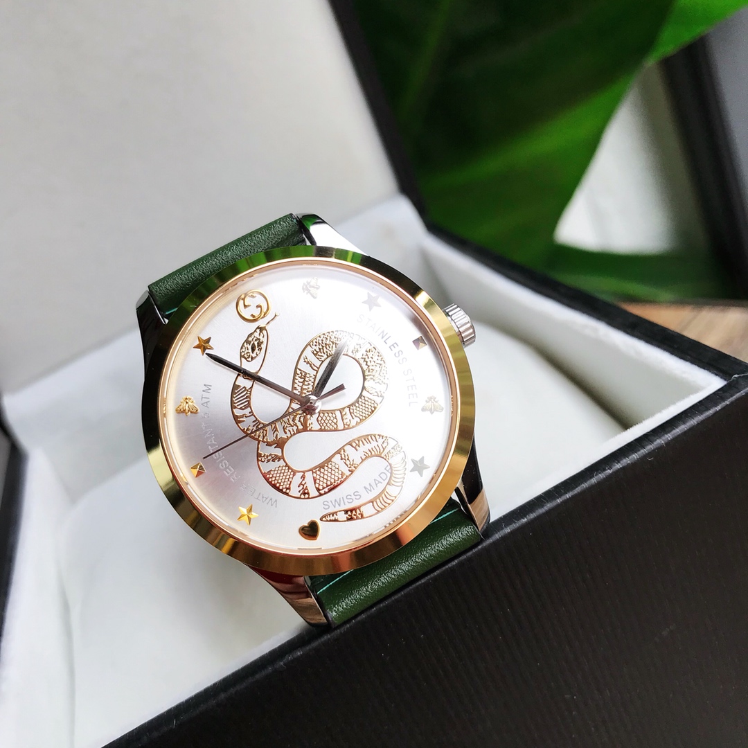 Gucci一比一Timeless系列皮帶手錶 雙色設計蛇圖案時尚款