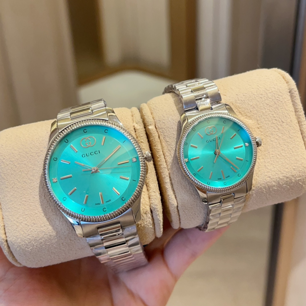 GucciA貨對錶Timeless湖水綠面款 雙色鍊帶男錶女錶組合| 9 GucciA貨對錶Timeless湖水綠面款 雙色鍊帶男錶女錶組合