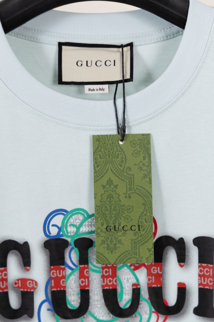 Gucci高仿短袖T恤 薄荷藍 LOGO疊層刺繡設計 夏季人氣款| 12 Gucci高仿短袖T恤 薄荷藍 LOGO疊層刺繡設計 夏季人氣款