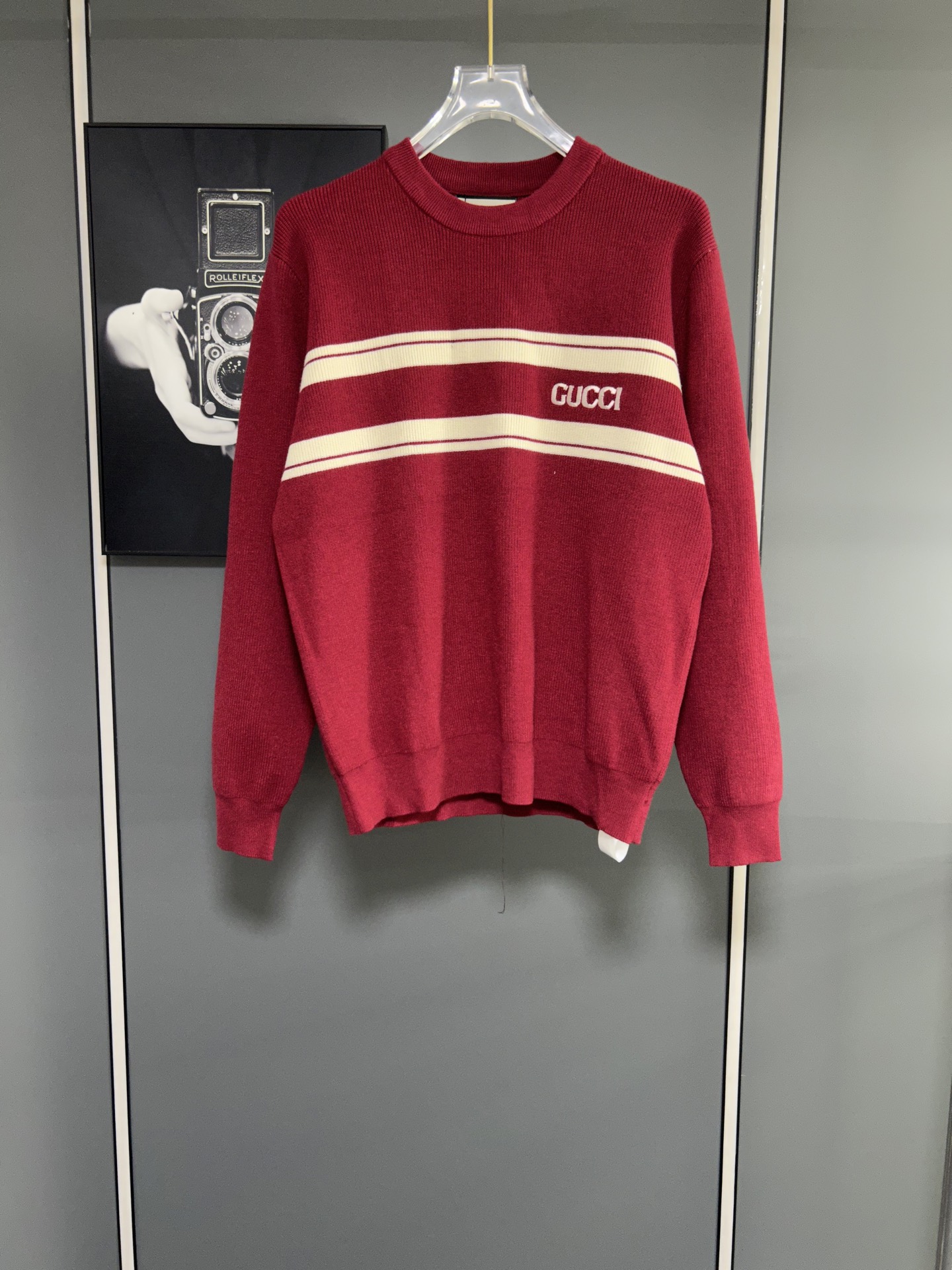 Gucci高仿男士針織毛衣 酒紅白線條復古風格LOGO款