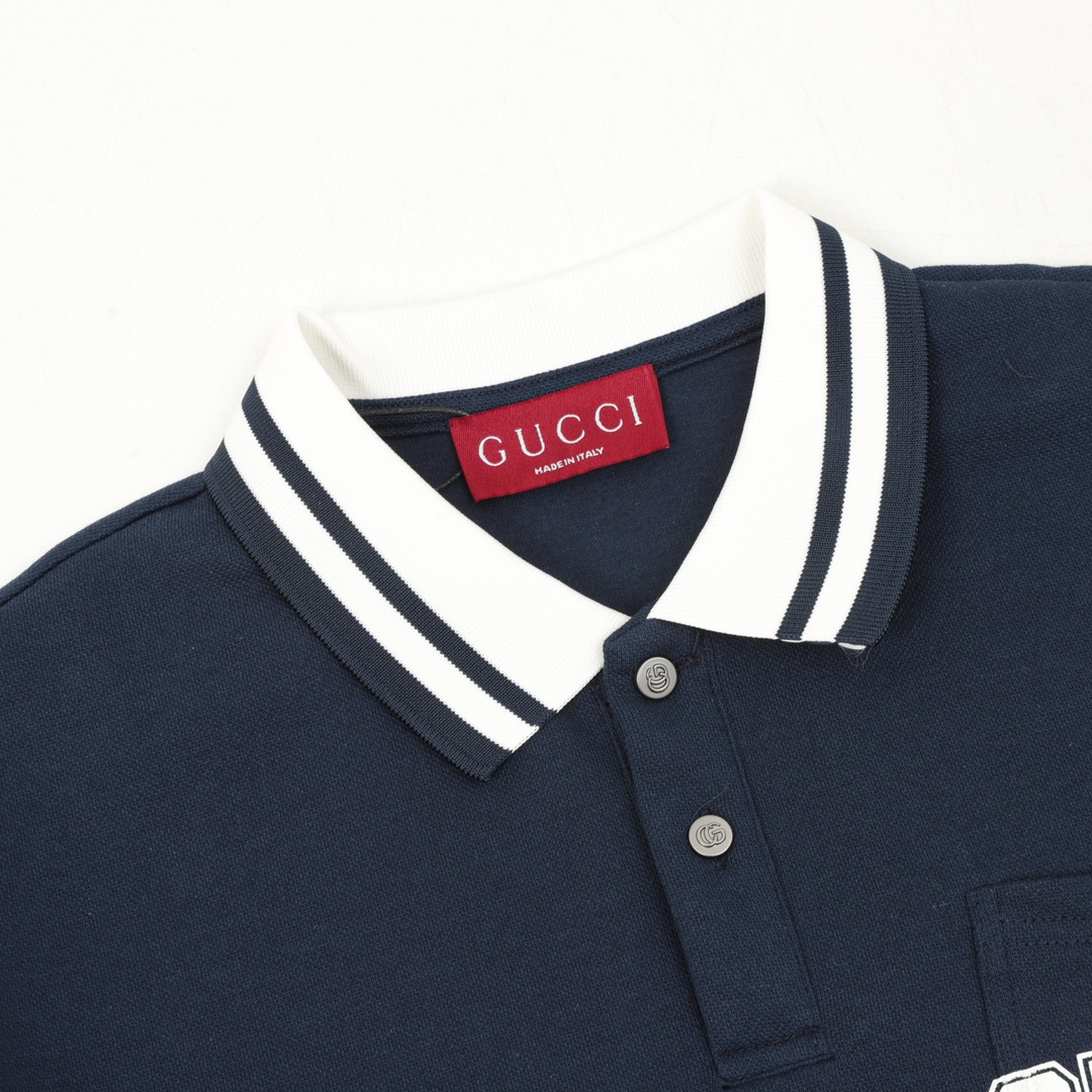 Gucci 高仿男款長袖POLO 大學風刺繡海軍藍拼色款運動感上衣| 13 Gucci 高仿男款長袖POLO 大學風刺繡海軍藍拼色款運動感上衣