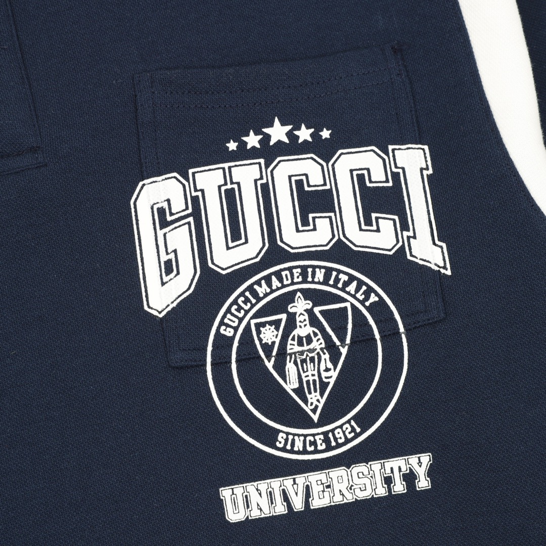 Gucci 高仿男款長袖POLO 大學風刺繡海軍藍拼色款運動感上衣| 11 Gucci 高仿男款長袖POLO 大學風刺繡海軍藍拼色款運動感上衣