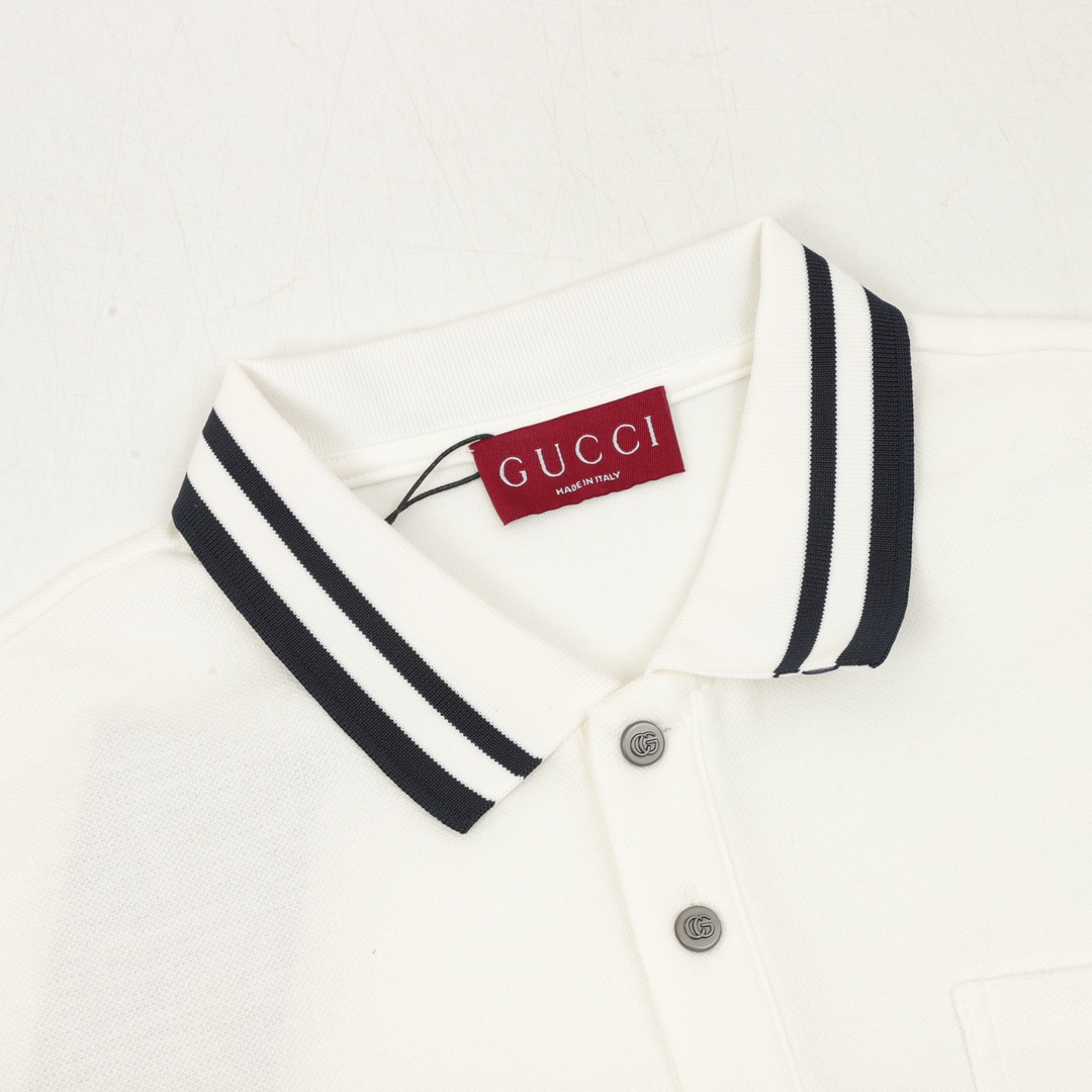 Gucci 高仿男士長袖POLO 白色大學風拼接設計 立體刺繡LOGO款| 12 Gucci 高仿男士長袖POLO 白色大學風拼接設計 立體刺繡LOGO款