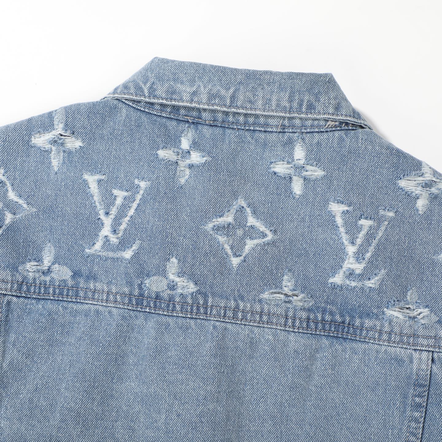 LV原單男士牛仔外套藍色水洗破壞風Logo刺繡設計| 12 LV原單男士牛仔外套藍色水洗破壞風Logo刺繡設計