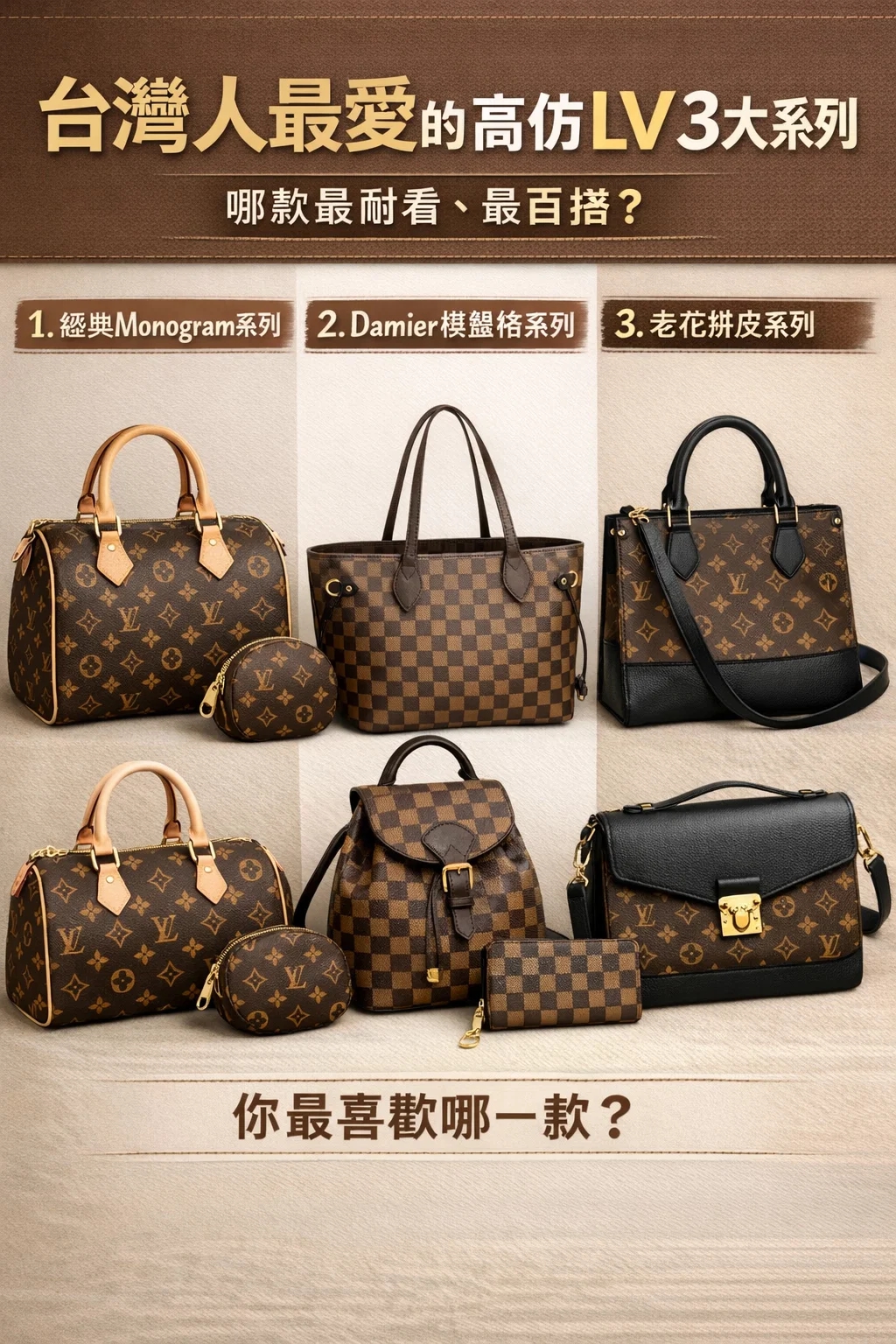 經典老花、棋盤格、水波紋，台灣人最愛的三大高仿LV系列深度穿搭解析