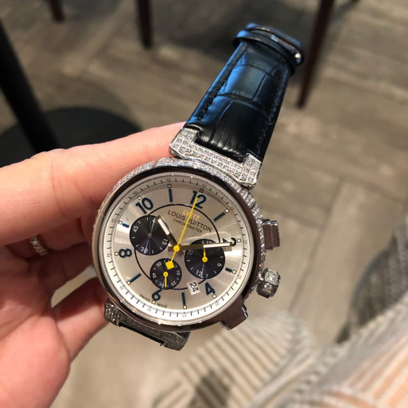 精品A貨LV鋯鑽計時手錶 銀面藍針男士真皮錶推薦| 8 精品A貨LV鋯鑽計時手錶 銀面藍針男士真皮錶推薦