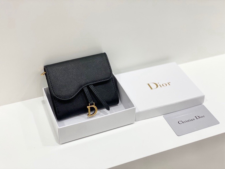 Dior原單短夾 黑色粒面皮革金D吊飾 女士極簡設計款