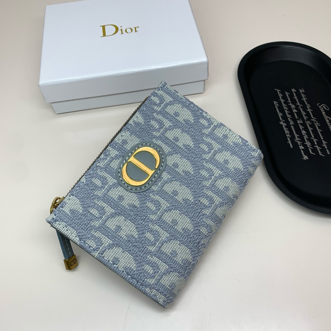 Dior高仿卡夾 淺藍Oblique帆布 女用金CD標識設計拉鍊短夾| 14 Dior高仿卡夾 淺藍Oblique帆布 女用金CD標識設計拉鍊短夾