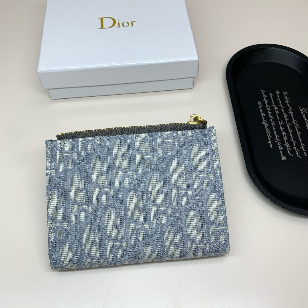 Dior高仿卡夾 淺藍Oblique帆布 女用金CD標識設計拉鍊短夾| 13 Dior高仿卡夾 淺藍Oblique帆布 女用金CD標識設計拉鍊短夾
