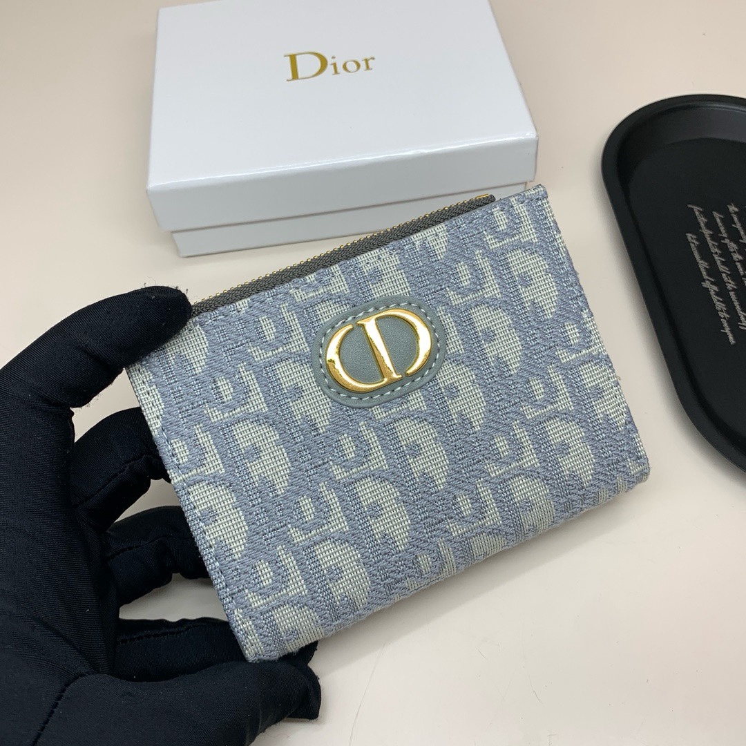 Dior高仿卡夾 淺藍Oblique帆布 女用金CD標識設計拉鍊短夾| 12 Dior高仿卡夾 淺藍Oblique帆布 女用金CD標識設計拉鍊短夾
