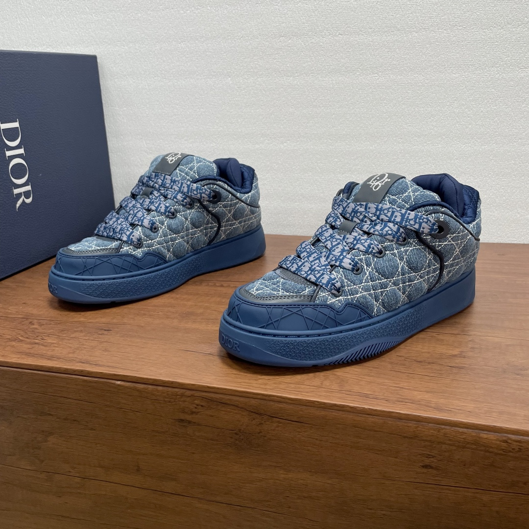 Dior 高仿男士丹寧老花運動鞋 藍色織紋刺繡 潮流街頭設計款