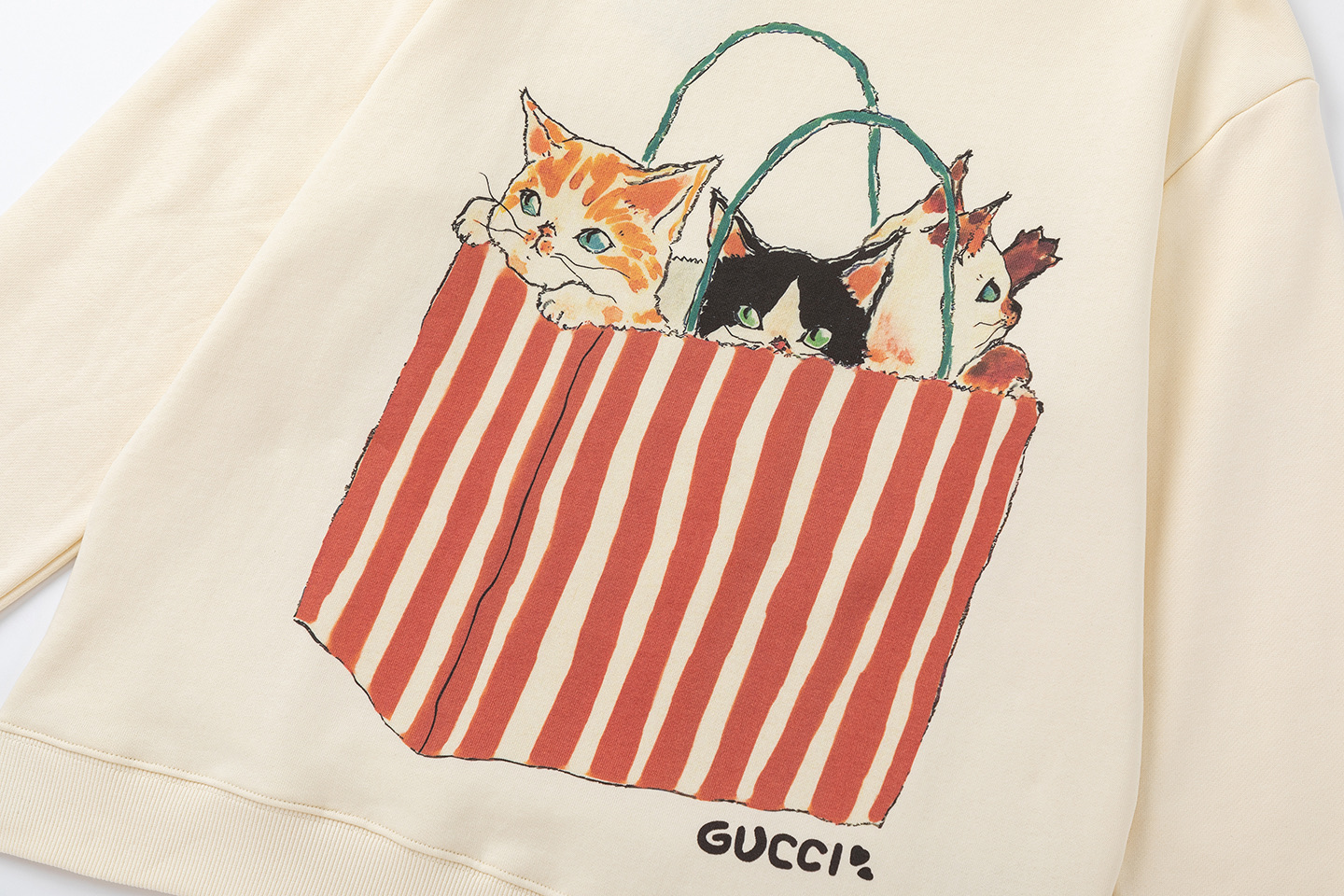 Gucci 一比一插畫長袖 貓咪紙袋趣味圖案 奶油白圓領上衣| 14 Gucci 一比一插畫長袖 貓咪紙袋趣味圖案 奶油白圓領上衣