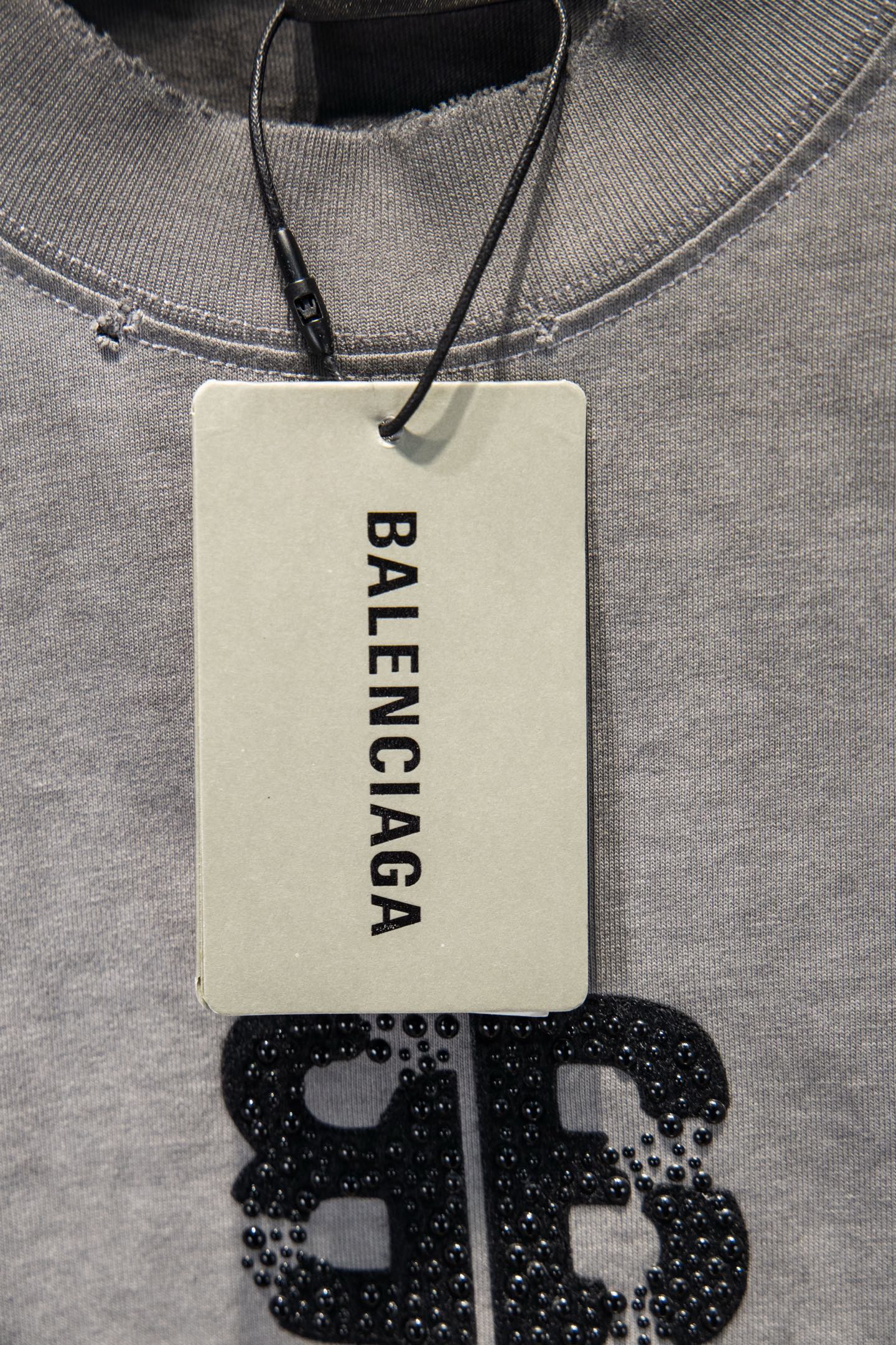 Balenciaga A貨 男款 BB水鑽Logo短袖T恤 灰色復古街頭風| 8 Balenciaga A貨 男款 BB水鑽Logo短袖T恤 灰色復古街頭風
