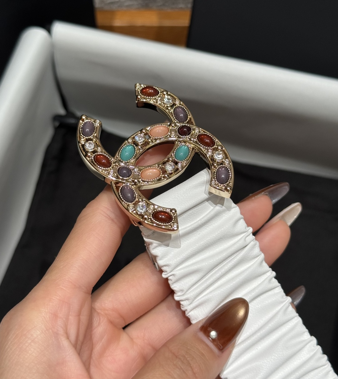 Chanel白色彩寶雙C扣女士腰帶 A貨小香風彈力皮帶| 9 Chanel白色彩寶雙C扣女士腰帶 A貨小香風彈力皮帶