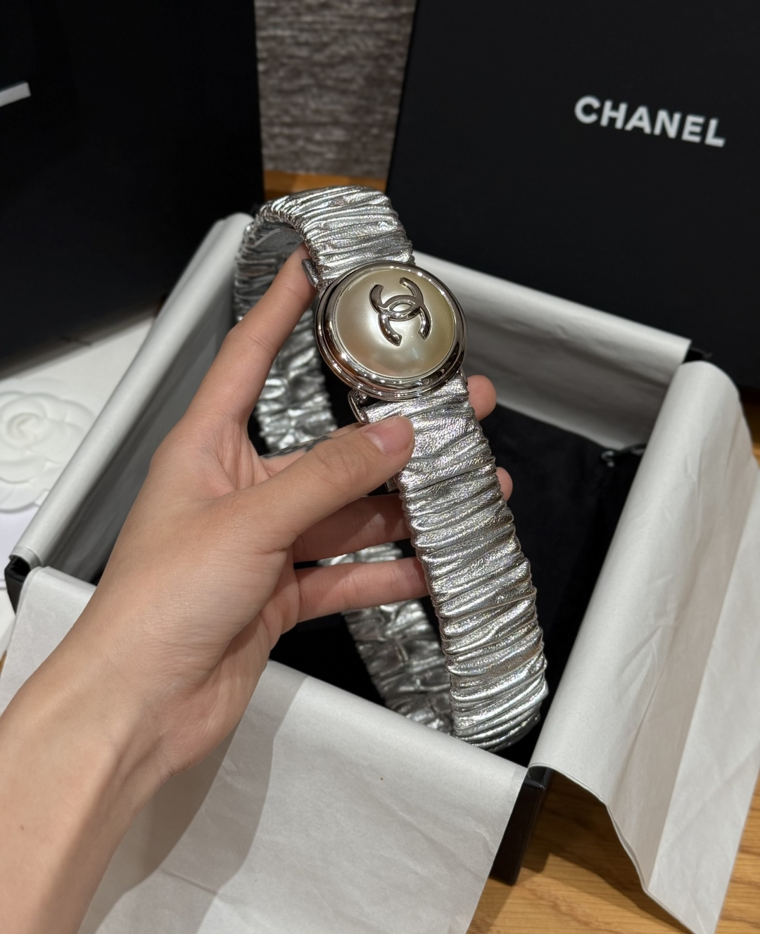 CHANEL 原單 女款 銀色雙C彈力皮帶 時尚精品腰帶| 11 CHANEL 原單 女款 銀色雙C彈力皮帶 時尚精品腰帶