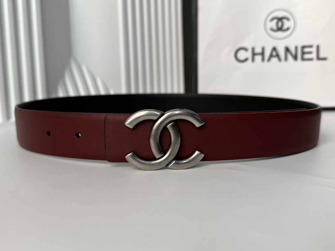 CHANEL 一比一 女款 雙C牛皮皮帶 酒紅色時尚百搭腰帶| 6 CHANEL 一比一 女款 雙C牛皮皮帶 酒紅色時尚百搭腰帶