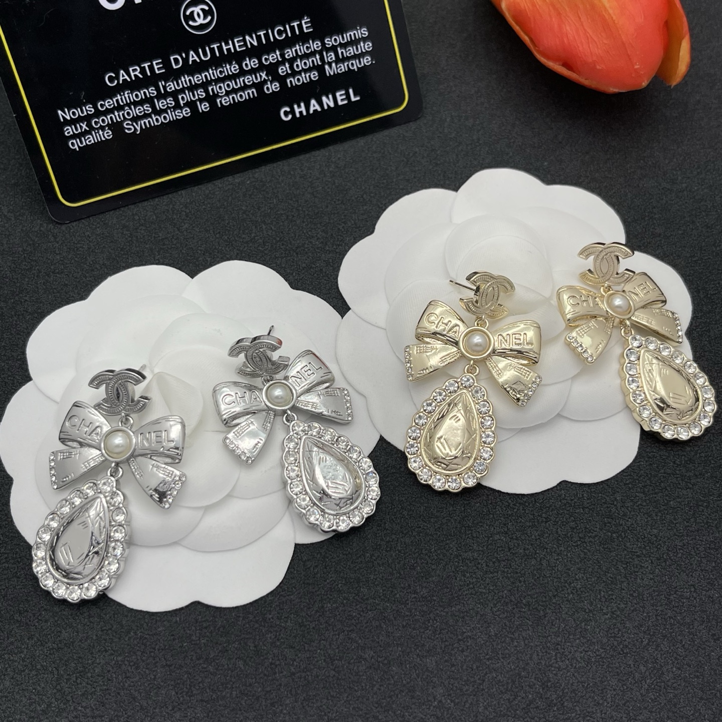 CHANEL 高仿蝴蝶結珍珠淚滴耳環 金色典雅氣質款| 7 CHANEL 高仿蝴蝶結珍珠淚滴耳環 金色典雅氣質款
