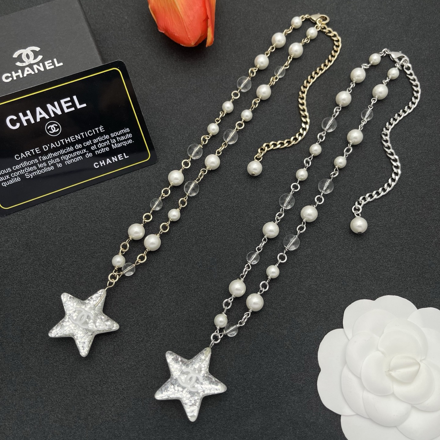 Chanel 原單星星珍珠串鍊項鍊|透明珠+珍珠優雅混搭設計| 7 Chanel 原單星星珍珠串鍊項鍊|透明珠+珍珠優雅混搭設計