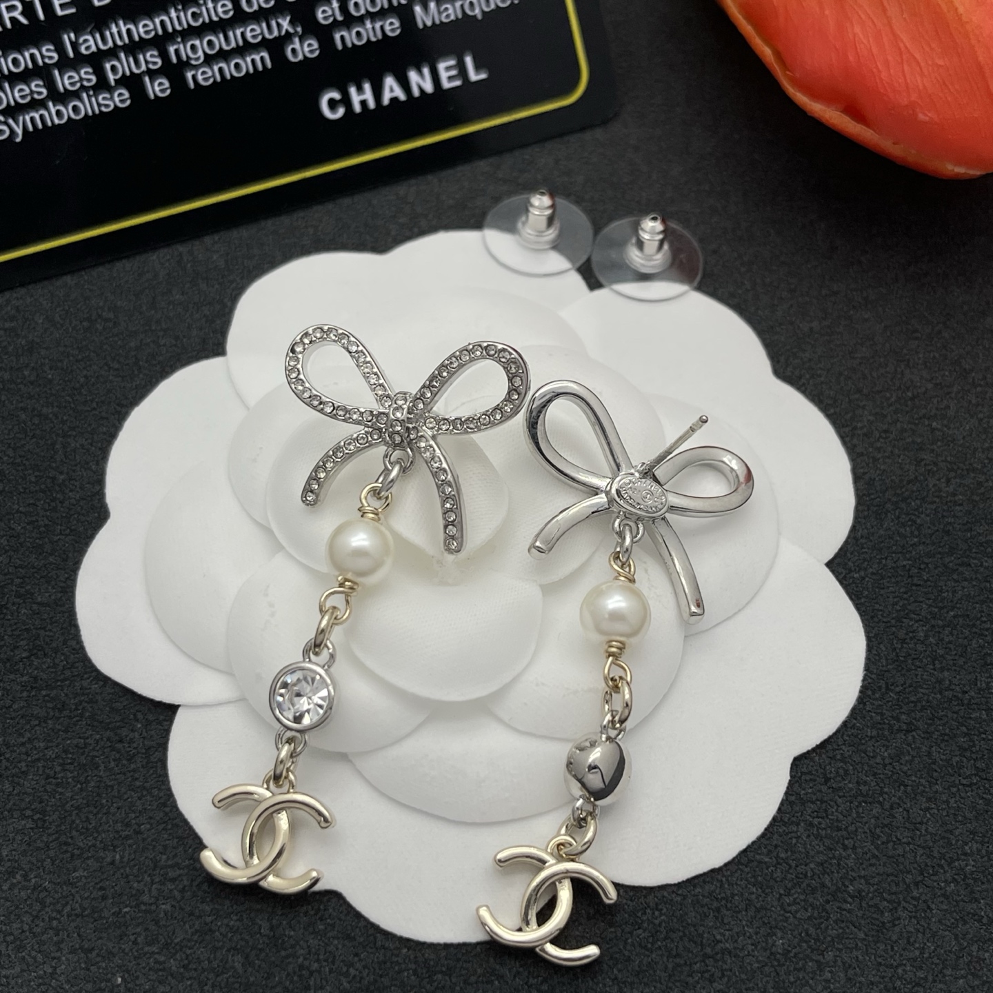 Chanel 原單蝴蝶結珍珠垂墜耳環｜甜美水鑽＋雙C造型輕奢耳飾