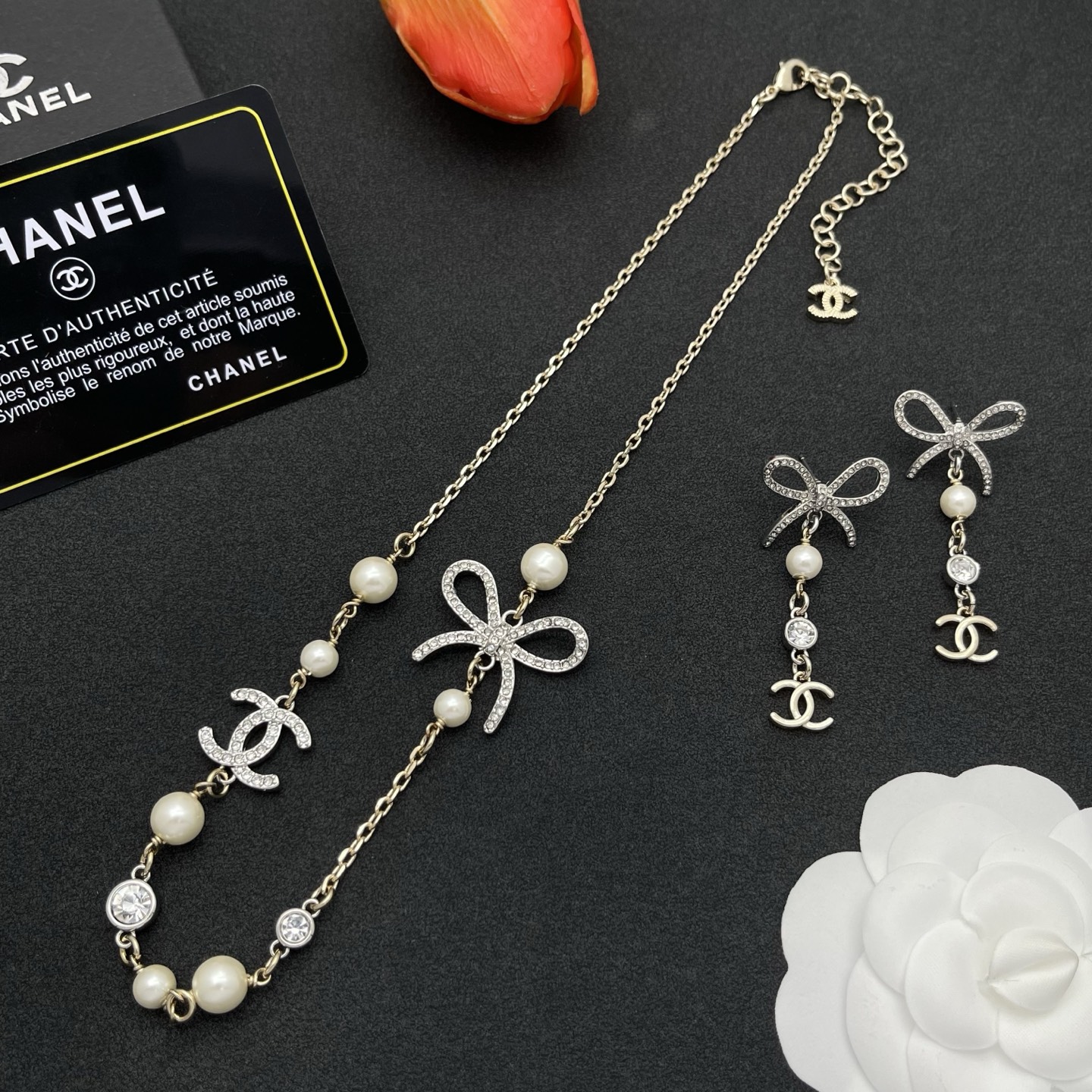 Chanel 原單蝴蝶結珍珠垂墜耳環｜甜美水鑽＋雙C造型輕奢耳飾