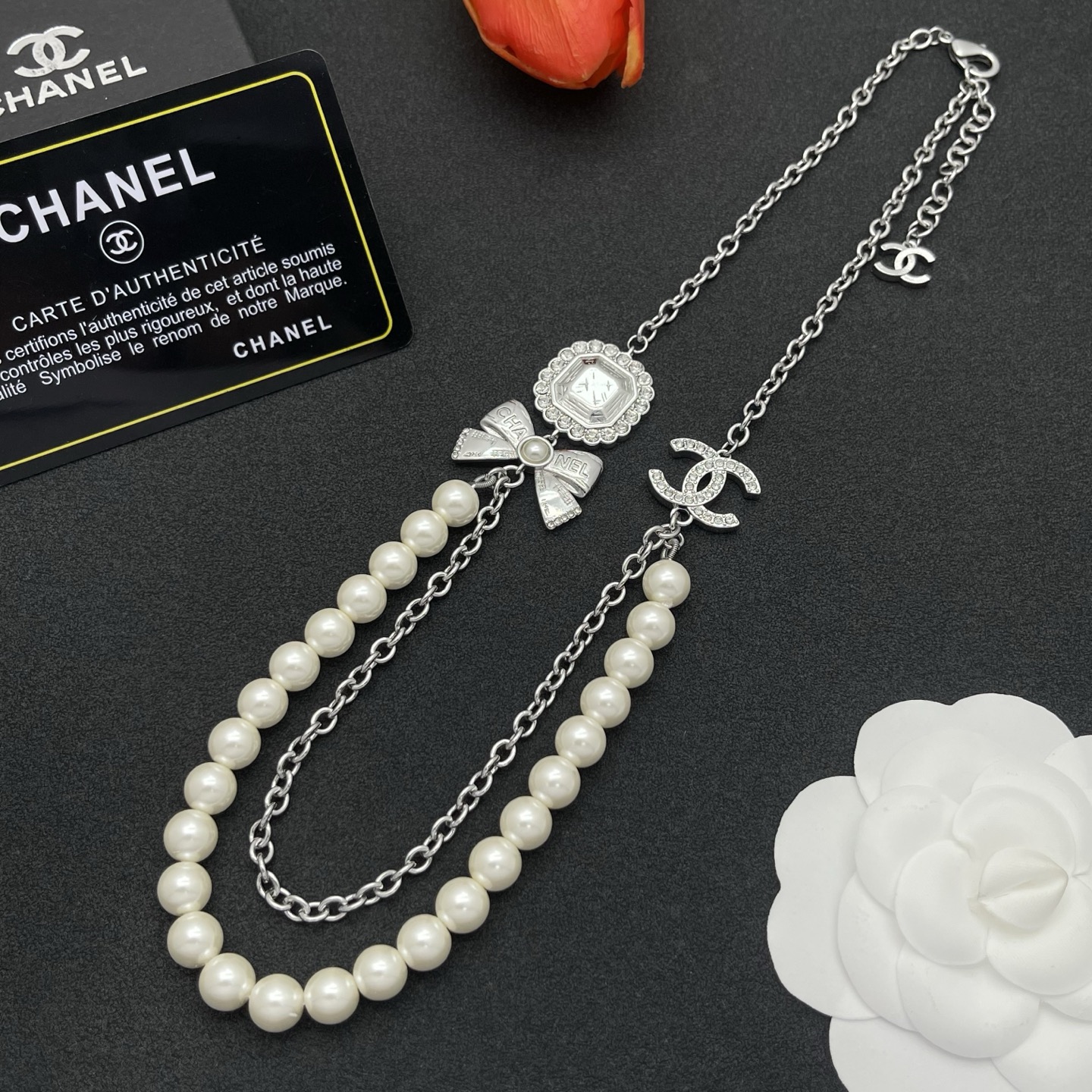 Chanel 蝴蝶結珍珠項鍊 一比一 女款 銀色立體設計 氣質百搭小香風精品| 12 Chanel 蝴蝶結珍珠項鍊 一比一 女款 銀色立體設計 氣質百搭小香風精品