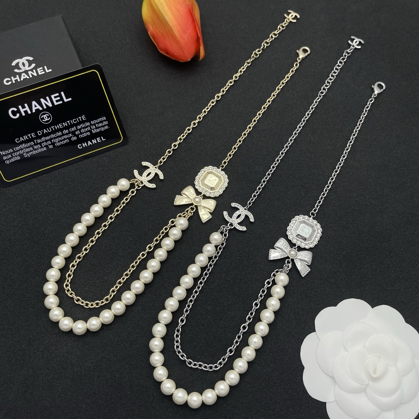 Chanel 蝴蝶結珍珠項鍊 一比一 女款 銀色立體設計 氣質百搭小香風精品| 7 Chanel 蝴蝶結珍珠項鍊 一比一 女款 銀色立體設計 氣質百搭小香風精品
