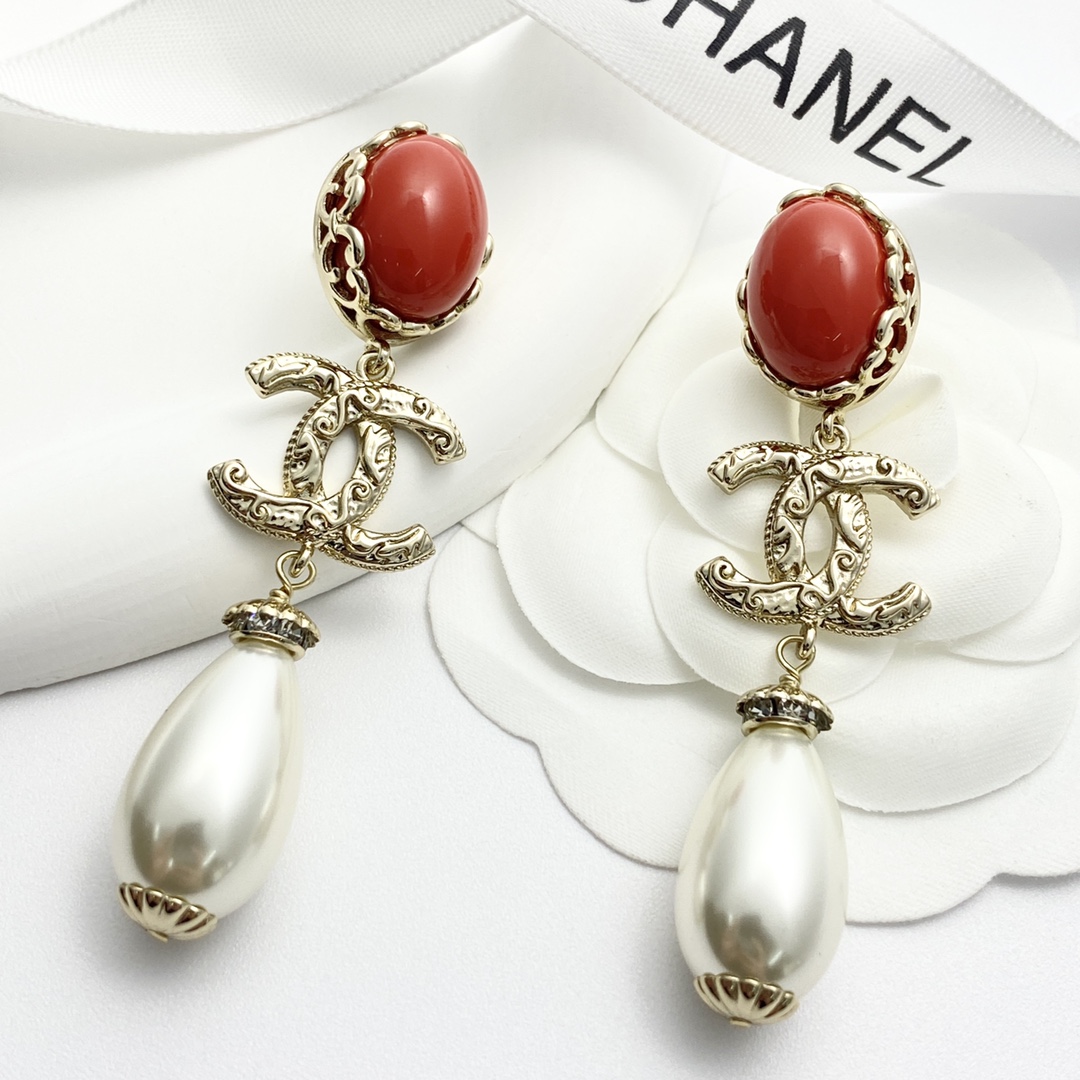 Chanel 高仿 女款 紅寶石珍珠垂墜耳環 華麗設計款| 9 Chanel 高仿 女款 紅寶石珍珠垂墜耳環 華麗設計款