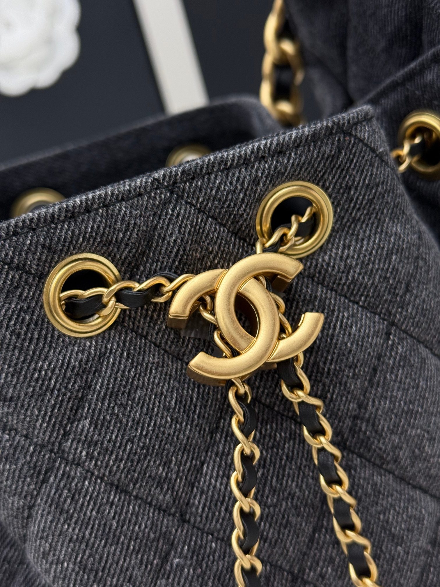 CHANEL 高仿 女款灰黑丹寧抽繩包 金鏈肩背休閒款| 10 CHANEL 高仿 女款灰黑丹寧抽繩包 金鏈肩背休閒款