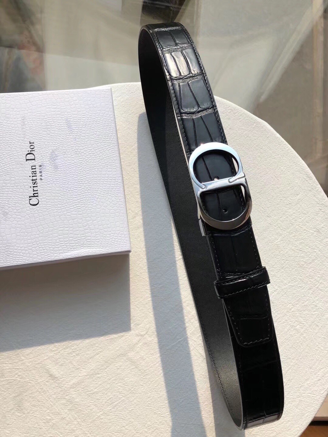 Dior 高仿 男款 CD黑色鱷魚壓紋皮帶 金色扣頭 商務款