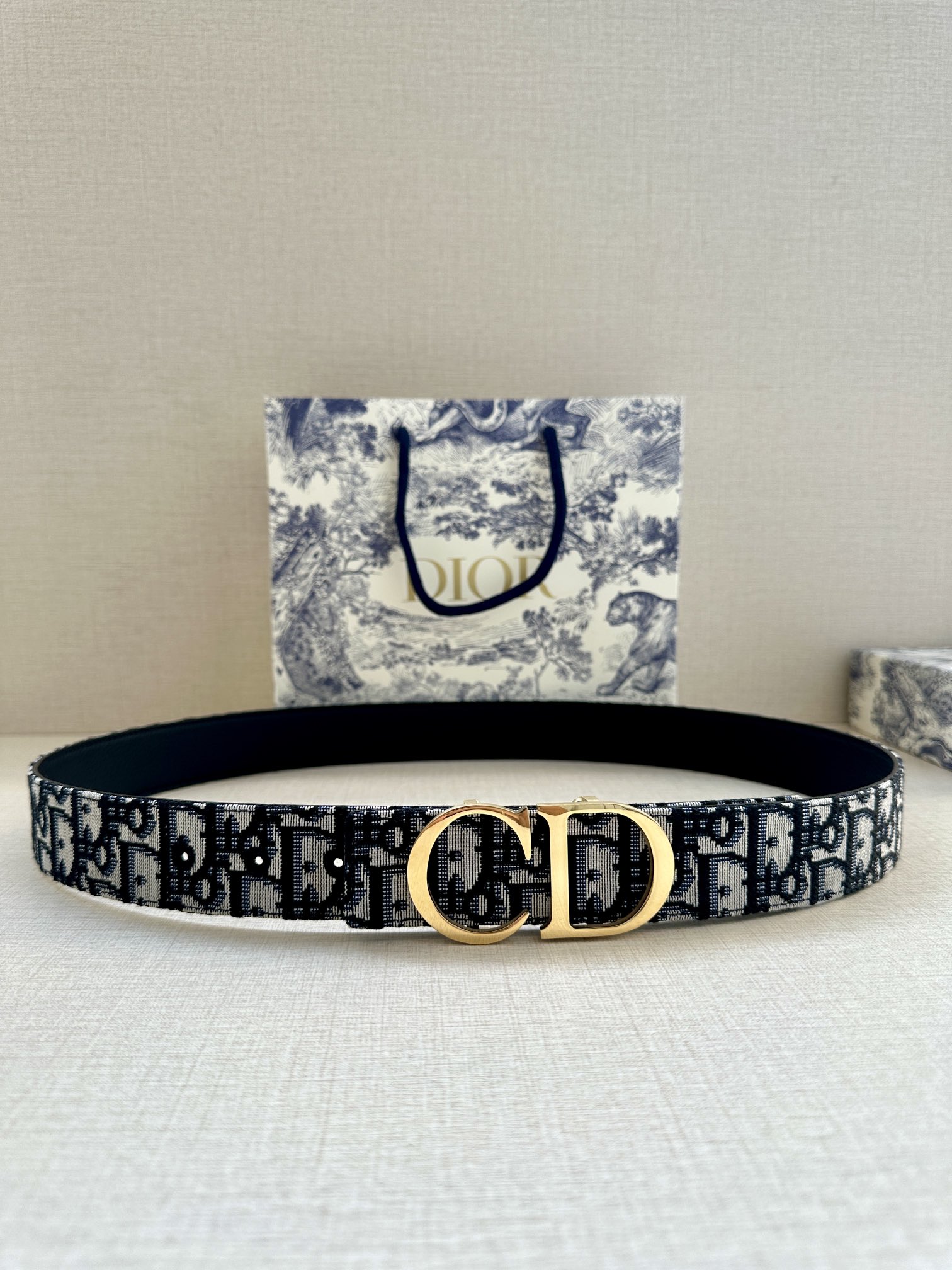 Dior 原單 男款 CD Oblique老花帆布皮帶 金色扣 精品腰帶