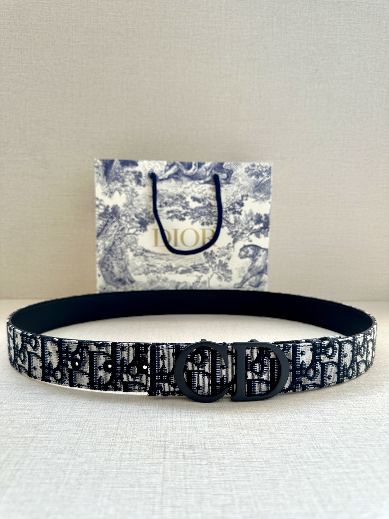 Dior 高仿 男款 CD Oblique老花帆布皮帶 黑色扣 精品潮流款