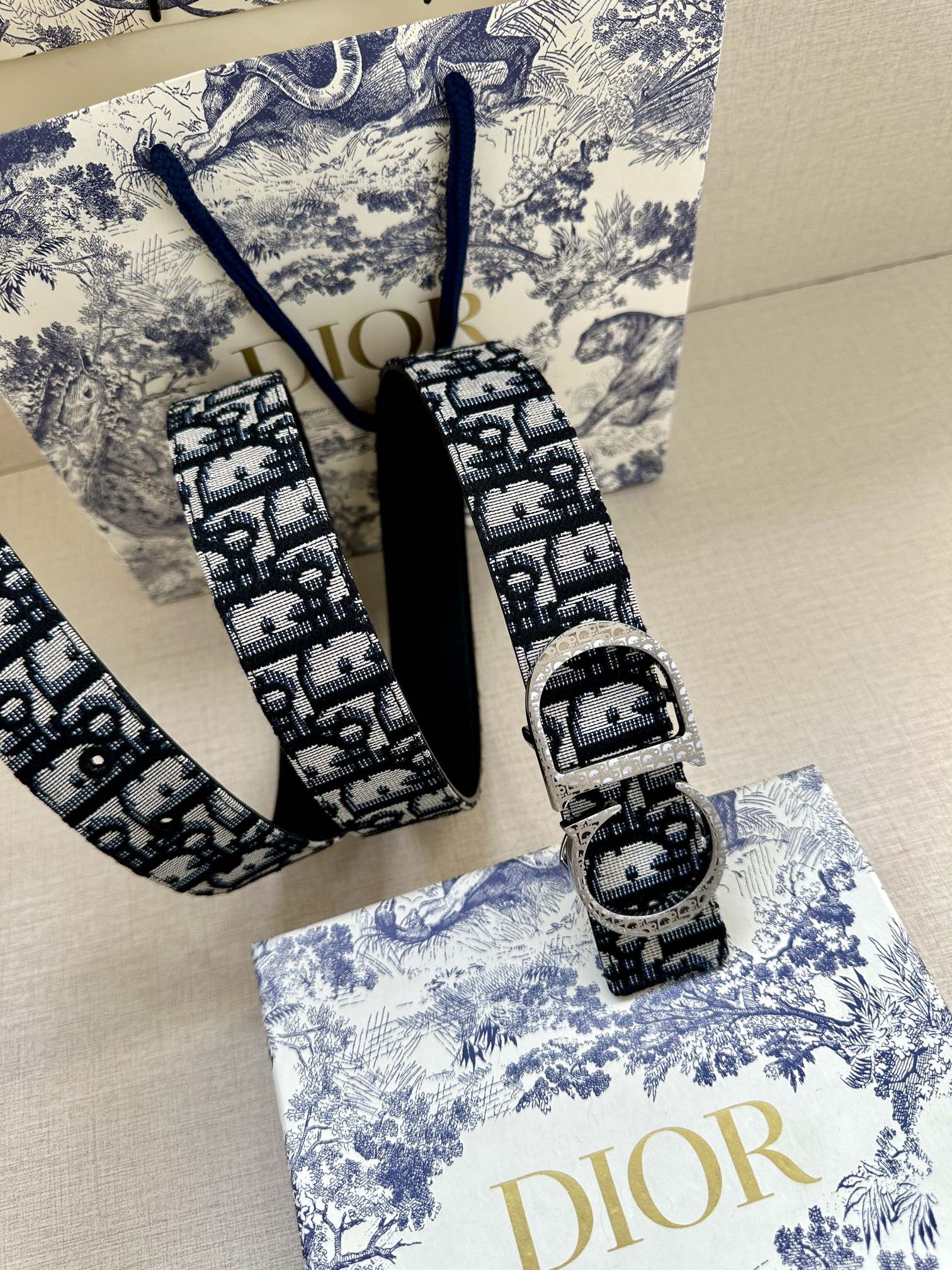 Dior 一比一 男款 Oblique老花帆布皮帶 銀色CD扣 經典精品款
