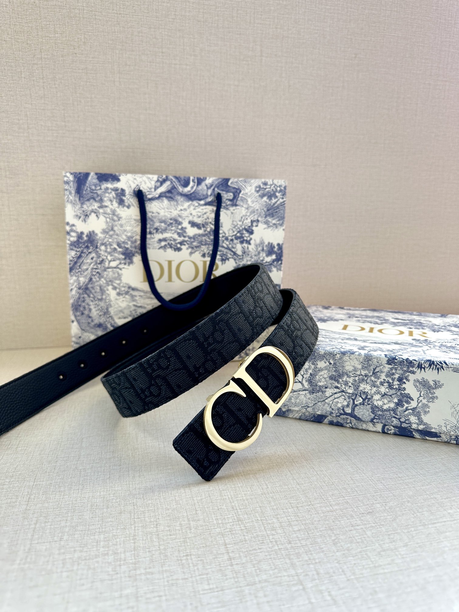 Dior 原單 男款 Oblique老花帆布皮帶 金色CD扣 精品商務款