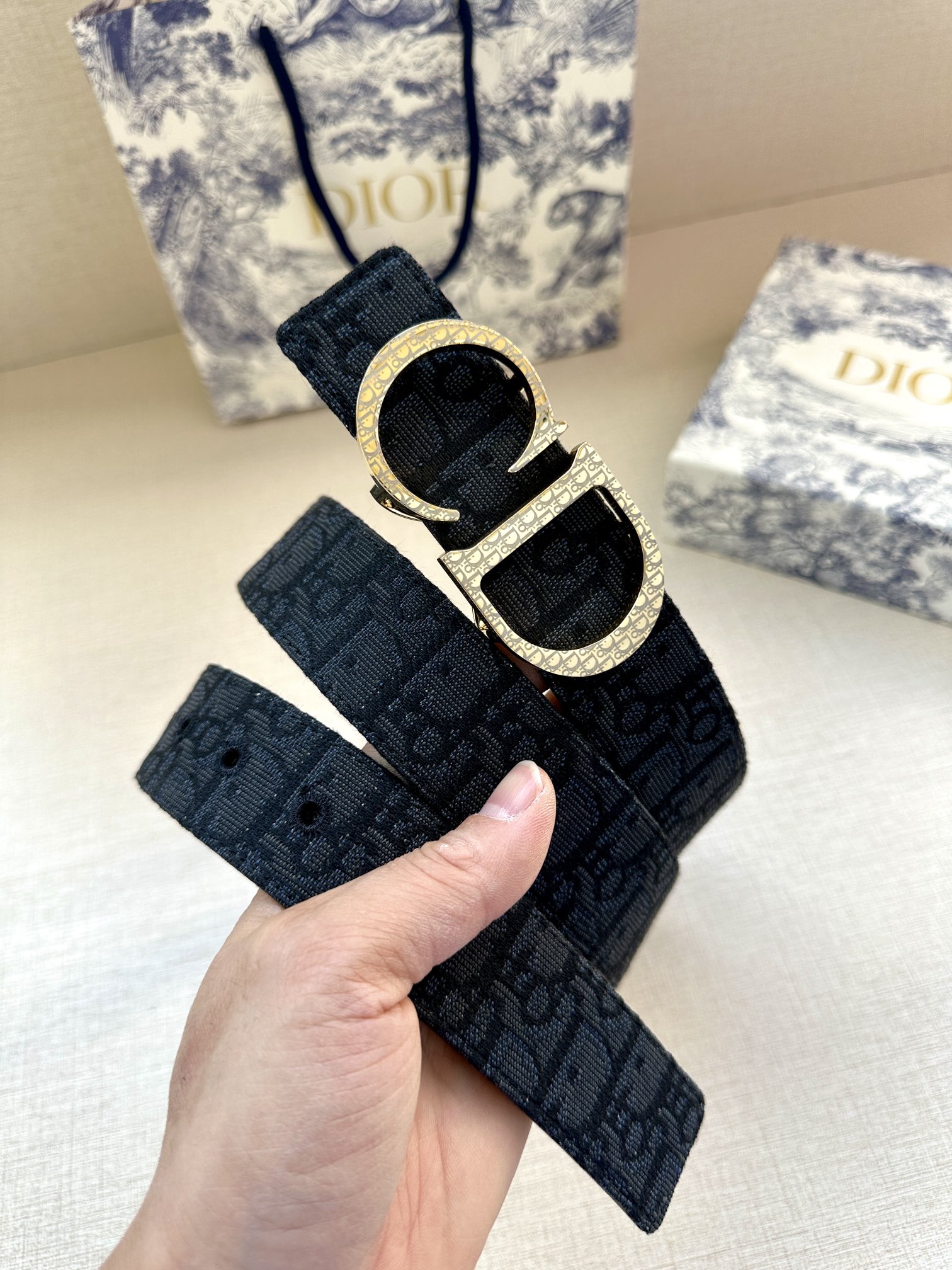 Dior A貨 男款 Oblique老花帆布皮帶 金色CD扣 百搭精品款